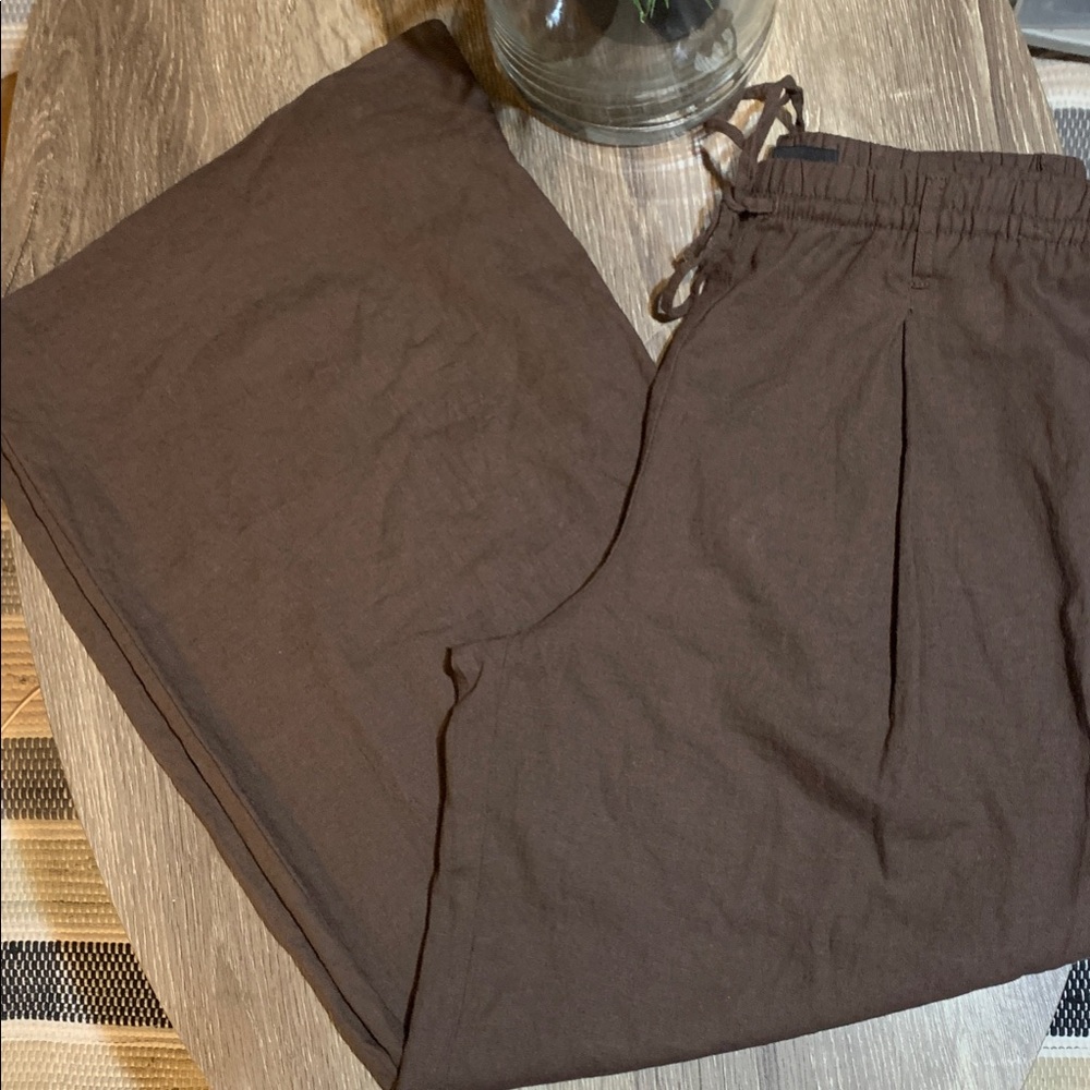 Zara Linen Wide Leg High-Waist Pants with Pockets in Brown Size Small